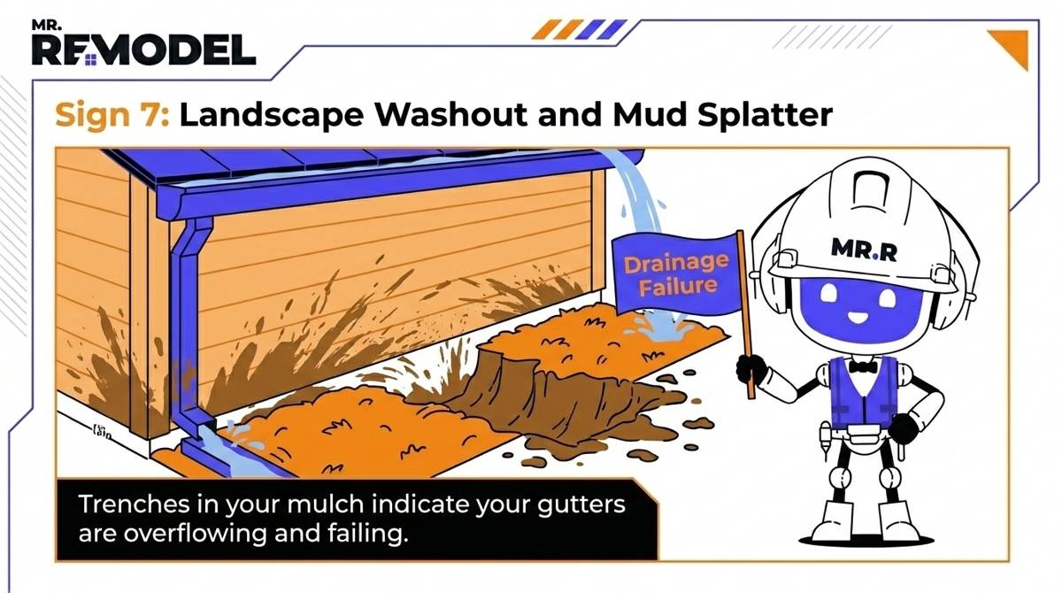 A garden bed with mulch washed away creating a trench, showing Hydrostatic Pressure risk. Home siding is covered in mud splatter.